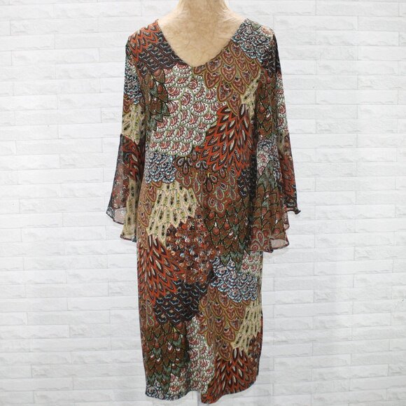 J.B.S. Dress Paisley Floral Patchwork Flowy Cropped Sleeve Brown Plus Size 2X - Picture 1 of 12